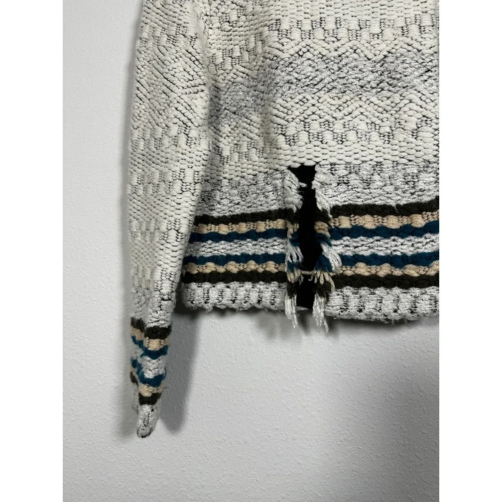 LEO AND SAGE Textured Geometric Knit Moto Cardigan Jacket Ivory‎ Black Teal Sz M